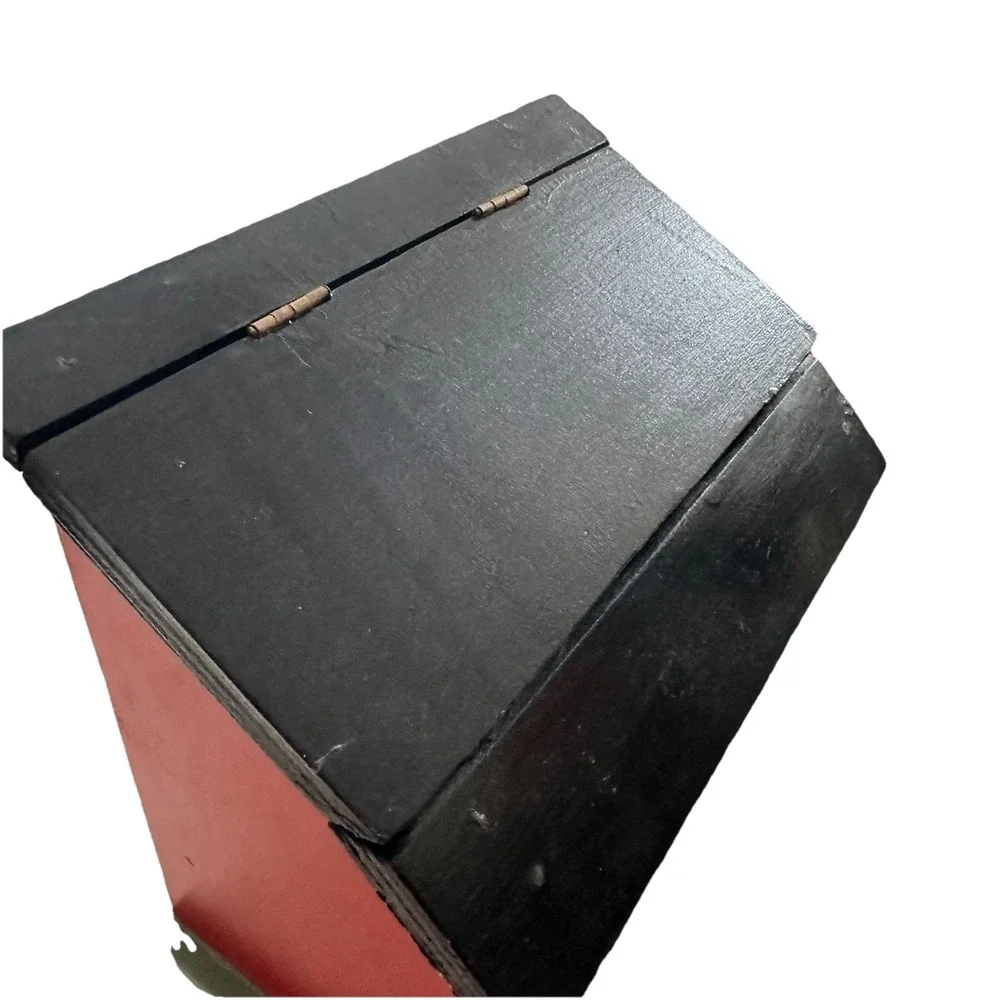 Vintage Red Painted Wood Rustic Recipe Box Hinged Lid HandPainted Rooster Design